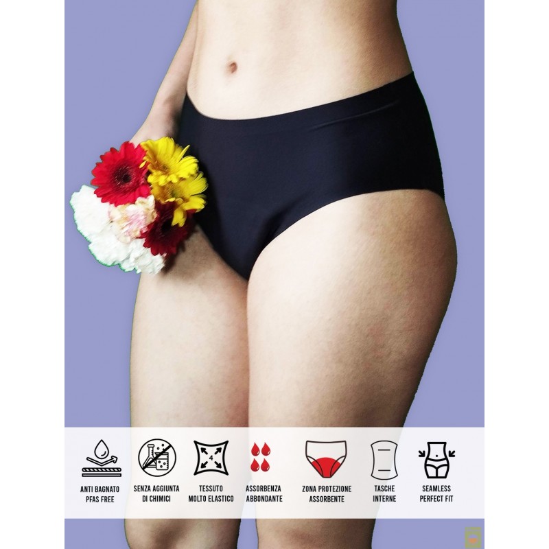 Flora, slip da ciclo per flusso abbondante. senza cuciture invisibile sotto i tuoi abiti. Taglia unica S . XL Flora, slip da ciclo per flusso abbondante. senza cuciture invisibile sotto i tuoi abiti. Taglia unica S . XL