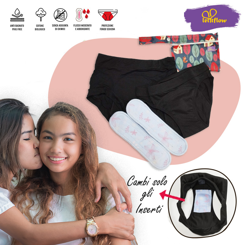 Kit primo ciclo ragazze con mutande assorbenti e assorbenti lavabili